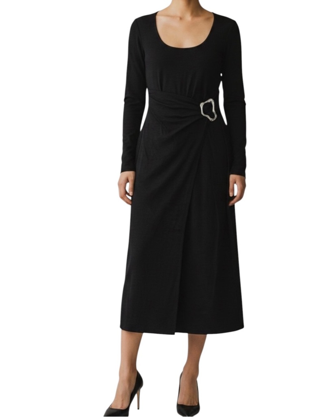 WHO WHAT WEAR Sabrina Textured Wrap Midi Dress with Hardware BLACK SILVER XS